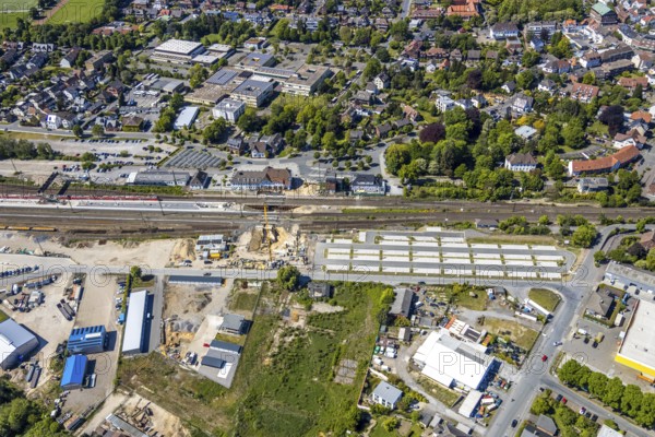 Aerial view, track reconstruction construction site Haltern station, Park&Ride car park at Haltern station, Zum Ikenkamp, Haltern am See, Münsterland, Ruhr area, North Rhine-Westphalia, Germany, railway tracks, station, construction work, construction area, construction site, construction measure, construction project, construction site, DE, Deutsche Bahn AG, through station, station building, Europe, main station, aerial view, aerial photography, aerial photography, overview, bird's eye view, birds-eyes view, overview