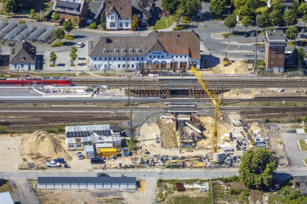Aerial view, track reconstruction construction site Haltern station, Haltern am See, Münsterland, Ruhr area, North Rhine-Westphalia, Germany, railway tracks, station, construction work, construction area, construction site, construction project, construction site, DE, Deutsche Bahn AG, through station, station building, Europe, main station, aerial view, aerial photography, aerial photography, overview, bird's-eye view, overview