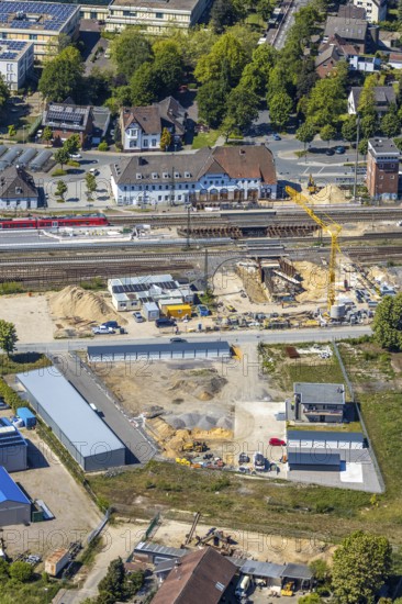 Aerial view, track reconstruction construction site Haltern station, Haltern am See, Münsterland, Ruhr area, North Rhine-Westphalia, Germany, railway tracks, station, construction work, construction area, construction site, construction project, construction site, DE, Deutsche Bahn AG, through station, station building, Europe, main station, aerial view, aerial photography, aerial photography, overview, bird's-eye view, overview