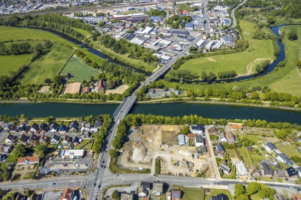 Aerial view, construction site next to the canal bridge, Recklinghäuser Straße, Wesel-Datteln-Kanal, river Lippe, Haltern am See, Münsterland, Ruhr area, North Rhine-Westphalia, Germany, construction work, construction area, building site, building plots, construction project, construction site, bridge, DE, Europe, canal, capacity requirement, aerial view, aerial photography, aerial photography, overview, bird's-eye view, overview