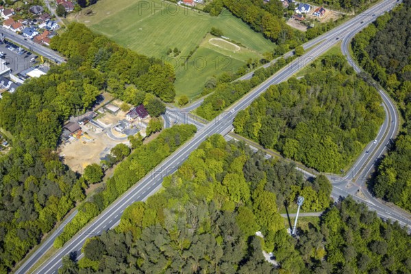 Aerial view, construction site Recklinghäuser Straße, corner Bossendorfer Damm, Haltern am See, Münsterland, Ruhr area, North Rhine-Westphalia, Germany, construction work, construction area, building site, building plots, construction project, construction site, DE, Europe, green trees, aerial view, aerial photography, aerial photography, overview, bird's-eye view, overview