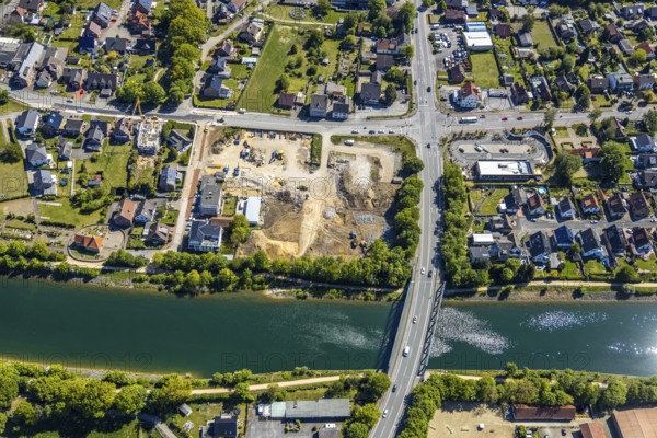 Aerial view, construction site next to the canal bridge, Recklinghäuser Straße, Wesel-Datteln-Kanal, Haltern am See, Münsterland, Ruhr area, North Rhine-Westphalia, Germany, construction work, construction area, construction site, building plots, construction project, construction site, bridge, DE, Europe, canal, capacity requirement, aerial view, aerial photography, aerial photography, overview, bird's-eye view, overview