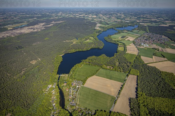 Aerial view, Hullern dam, Hullern reservoir, river Stever, view of Hullern, Haltern am See, Münsterland, Ruhr area, North Rhine-Westphalia, Germany, DE, Europe, distant view, aerial view, aerial photography, aerial photography, lake, reservoir, dam, overview, bird's-eye view, meadows and fields, birds-eyes view, overview