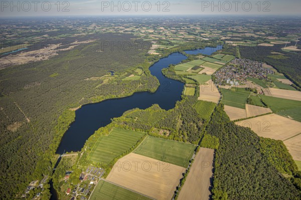 Aerial view, Hullern dam, Hullern reservoir, river Stever, view of Hullern, Haltern am See, Münsterland, Ruhr area, North Rhine-Westphalia, Germany, DE, Europe, distant view, aerial view, aerial photography, aerial photography, lake, reservoir, dam, overview, bird's-eye view, meadows and fields, birds-eyes view, overview