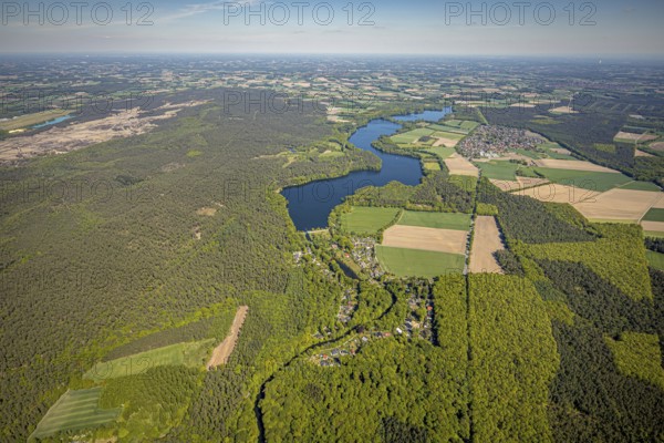 Aerial view, Hullern dam, Hullern reservoir, river Stever, view of Hullern, Haltern am See, Münsterland, Ruhr area, North Rhine-Westphalia, Germany, DE, Europe, distant view, aerial view, aerial photography, aerial photography, lake, reservoir, dam, overview, bird's-eye view, meadows and fields, birds-eyes view, overview