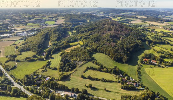 Aerial photo, Teutoburg Forest, Große Egge, Hermannsweg, Halle, East Westphalia-Lippe, OWL, North Rhine-Westphalia, Germany, DE, Europe, distant view, hilly landscape, aerial view, aerial photography, aerial photography, nature reserve, OWL book, OWL book, East Westphalia book, overview, bird's-eye view, forest area, meadows and fields, birds-eyes view, overview