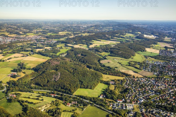 Aerial view, Teutoburg Forest, forest area Knüll Storkenberg, Hermannsweg, Ascheloh, Halle, East Westphalia-Lippe, OWL, North Rhine-Westphalia, Germany, DE, Europe, distant view, hilly landscape, aerial photograph, aerial photography, aerial photography, nature reserve, OWL book, OWL book, East Westphalia book, overview, bird's eye view, forest, forest area, birds-eyes view, overview