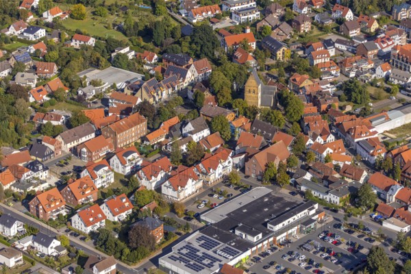 Aerial view, town centre, St. Johannis Kirche, Virtual Museum of the City of Halle Westphalia, Halle, Ostwestfalen-Lippe, OWL, North Rhine-Westphalia, Germany, place of worship, Bahnhofstraße, DE, Europe, history museum, religious community, place of worship, holy site, church, parish, church square, denomination, aerial view, aerial photography, aerial photography, museum, OWL book, OWL book, Ostwestfalenbuch, photovoltaic, photovoltaic system, religion, religious site, solar, solar system, solar energy, solar power, overview, bird's-eye view, birds-eyes view, overview