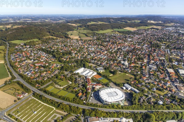 Aerial view, OWL ARENA, Oldendorf, Halle, Ostwestfalen-Lippe, OWL, North Rhine-Westphalia, Germany, DE, Europe, culture, art, aerial view, aerial photography, aerial photography, OWL book, OWL book, Ostwestfalenbuch, Roger-Federer-Allee, overview, events, venue, event location, event centre, bird's-eye view, birds-eyes view, formerly Gerry Weber Stadium, cultural use, multifunctional arena, overview
