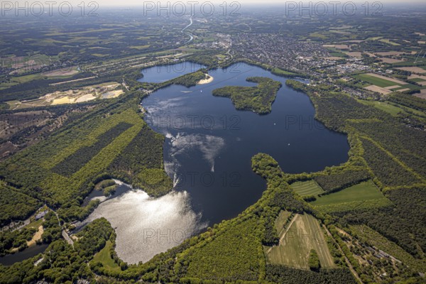 Aerial view, Haltern reservoir, Haltern am See, Münsterland, Ruhr area, North Rhine-Westphalia, Germany, DE, Europe, distant view, aerial view, aerial photography, aerial photography, lake, reservoir, south basin, overview, bird's-eye view, overview, waterworks, water extraction, Gelsenwasser AG