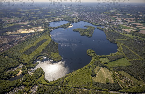Aerial view, Haltern reservoir, Haltern am See, Münsterland, Ruhr area, North Rhine-Westphalia, Germany, DE, Europe, distant view, aerial view, aerial photography, aerial photography, lake, reservoir, south basin, overview, bird's-eye view, overview, waterworks, water extraction, Gelsenwasser AG
