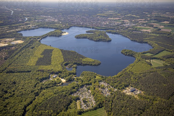 Aerial view, Haltern reservoir, Haltern am See, Münsterland, Ruhr area, North Rhine-Westphalia, Germany, DE, Europe, distant view, aerial view, aerial photography, aerial photography, lake, reservoir, south basin, overview, bird's-eye view, overview, waterworks, water extraction, Gelsenwasser AG
