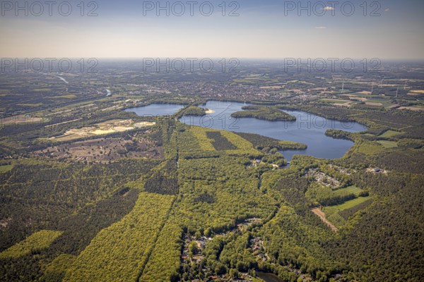Aerial view, Haltern reservoir, Haltern am See, Westruper Heide, Münsterland, Ruhr area, North Rhine-Westphalia, Germany, DE, Europe, distant view, aerial view, aerial photography, aerial photography, lake, reservoir, south basin, overview, bird's-eye view, birds-eyes view, overview