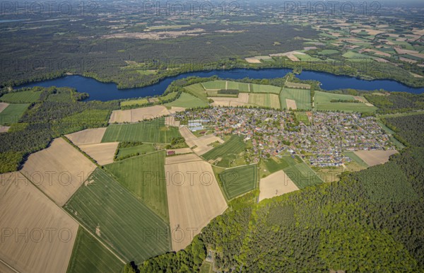 Aerial view, Hullern dam, Hullern reservoir, river Stever, view of Hullern, Haltern am See, Münsterland, Ruhr area, North Rhine-Westphalia, Germany, DE, Europe, distant view, aerial view, aerial photography, aerial photography, lake, reservoir, dam, overview, bird's-eye view, meadows and fields, birds-eyes view, overview