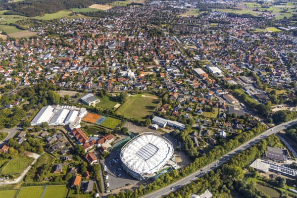 Aerial view, OWL ARENA, Oldendorf, Halle, Ostwestfalen-Lippe, OWL, North Rhine-Westphalia, Germany, DE, Europe, culture, art, aerial view, aerial photography, aerial photography, OWL book, OWL book, Ostwestfalenbuch, Roger-Federer-Allee, overview, events, venue, event location, event centre, bird's-eye view, birds-eyes view, formerly Gerry Weber Stadium, cultural use, multifunctional arena, overview