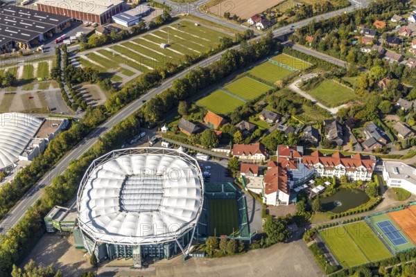 Aerial view, OWL ARENA, Oldendorf, Halle, Ostwestfalen-Lippe, OWL, North Rhine-Westphalia, Germany, DE, Europe, culture, art, aerial view, aerial photography, aerial photography, OWL book, OWL book, Ostwestfalenbuch, Roger-Federer-Allee, overview, events, venue, event location, event centre, bird's-eye view, birds-eyes view, formerly Gerry Weber Stadium, cultural use, multifunctional arena, overview
