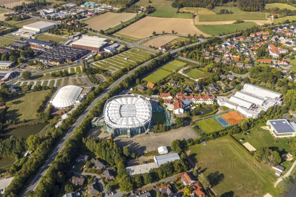 Aerial view, OWL ARENA, Oldendorf, Halle, Ostwestfalen-Lippe, OWL, North Rhine-Westphalia, Germany, DE, Europe, culture, art, aerial view, aerial photography, aerial photography, OWL book, OWL book, Ostwestfalenbuch, Roger-Federer-Allee, overview, events, venue, event location, event centre, bird's-eye view, birds-eyes view, formerly Gerry Weber Stadium, cultural use, multifunctional arena, overview
