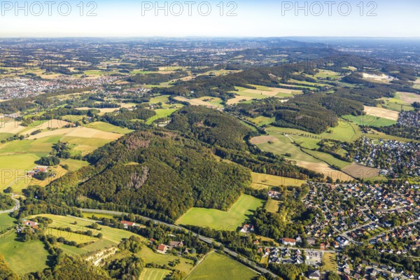 Aerial view, Teutoburg Forest, forest area Knüll Storkenberg, Hermannsweg, Ascheloh, Halle, East Westphalia-Lippe, OWL, North Rhine-Westphalia, Germany, DE, Europe, distant view, hilly landscape, aerial photograph, aerial photography, aerial photography, nature reserve, OWL book, OWL book, East Westphalia book, overview, bird's eye view, forest, forest area, birds-eyes view, overview