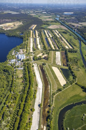 Aerial view, GELSENWASSER AG Haltern waterworks, filter basin, Haltern am See, Münsterland, Ruhr area, North Rhine-Westphalia, Germany, DE, Europe, commercial area, commercial area, commercial use, industrial plant, industrial area, industrial site, aerial photograph, aerial photography, aerial photography, overview, bird's-eye view, water treatment plant, water purification plant, waterworks road, birds-eyes view, overview