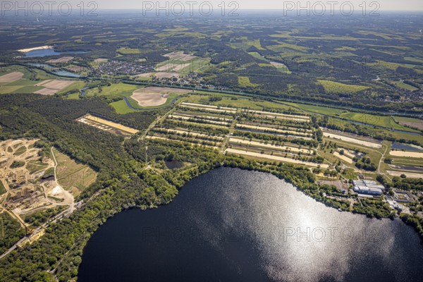Aerial view, Haltern reservoir, GELSENWASSER AG Haltern waterworks, filter basin, Haltern am See, Münsterland, Ruhr area, North Rhine-Westphalia, Germany, DE, Europe, aerial view, aerial photography, aerial photography, lake, reservoir, south basin, overview, bird's-eye view, overview, waterworks, water extraction, Gelsenwasser AG