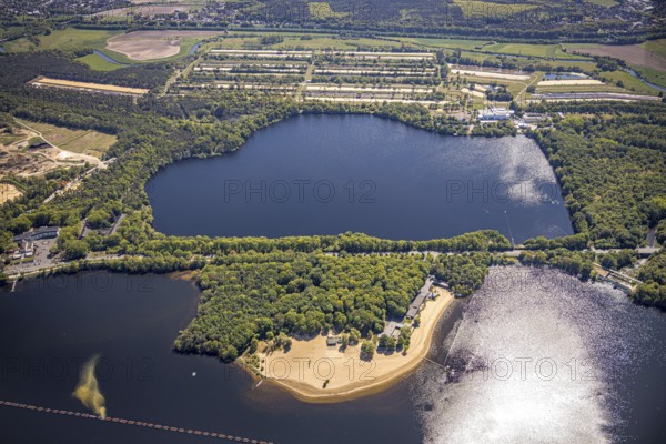 Aerial view, Haltern reservoir, Haltern lake terraces, southern beach, Haltern am See, Münsterland, Ruhr area, North Rhine-Westphalia, Germany, DE, Europe, aerial view, aerial photography, aerial photography, lake, reservoir, southern basin, overview, bird's-eye view, overview, waterworks, water extraction, Gelsenwasser AG
