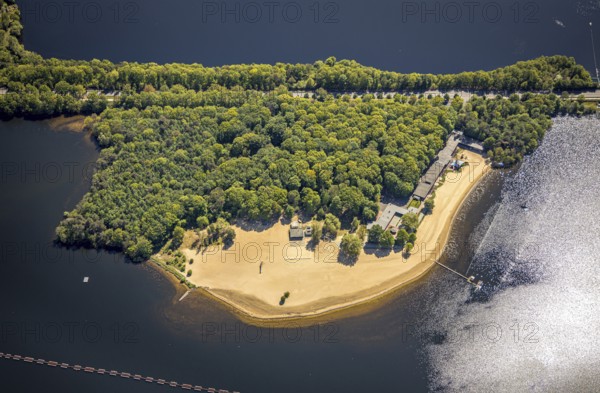 Aerial view, Haltern reservoir, Haltern lake terraces, southern beach, Haltern am See, Münsterland, Ruhr area, North Rhine-Westphalia, Germany, DE, Europe, aerial view, aerial photography, aerial photography, lake, reservoir, overview, bird's-eye view, overview, waterworks, water extraction, Gelsenwasser AG