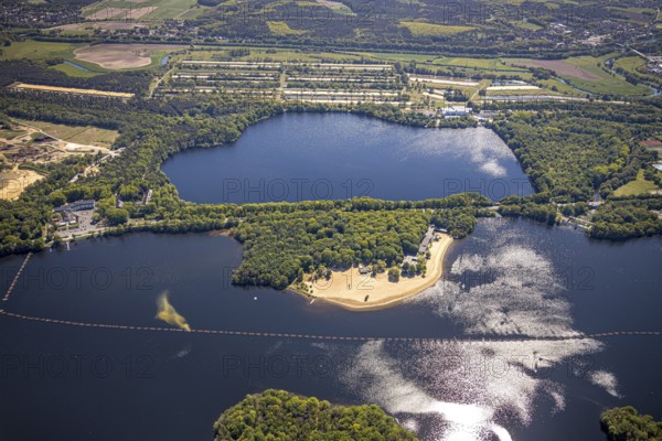 Aerial view, Haltern reservoir, Haltern lake terraces, southern beach, Haltern am See, Münsterland, Ruhr area, North Rhine-Westphalia, Germany, DE, Europe, aerial view, aerial photography, aerial photography, lake, reservoir, southern basin, overview, bird's-eye view, overview, waterworks, water extraction, Gelsenwasser AG