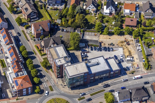 Aerial view, construction site at Volksbank building, Haltern am See, Münsterland, Ruhr area, North Rhine-Westphalia, Germany, construction work, construction area, construction site, building plots, construction project, construction site, DE, Europe, capacity requirement, aerial photograph, aerial photography, aerial photography, overview, bird's-eye view, overview