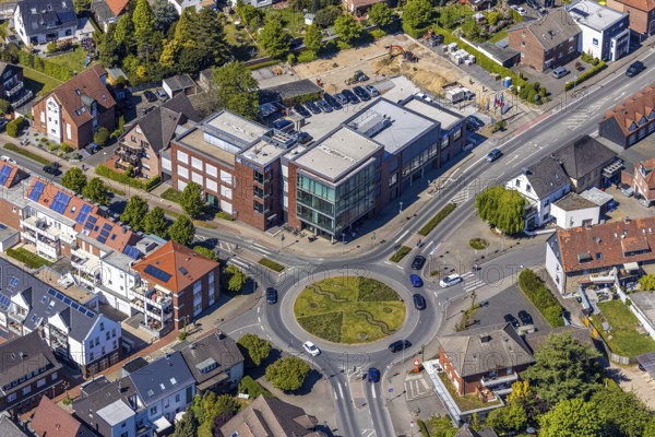 Aerial view, construction site at Volksbank building, Haltern am See, Münsterland, Ruhr area, North Rhine-Westphalia, Germany, construction work, construction area, construction site, building plots, construction project, construction site, DE, Europe, capacity requirement, roundabout, aerial view, aerial photography, aerial photography, overview, bird's-eye view, overview