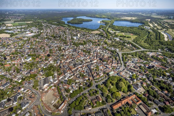 Aerial view, town view and old town, Haltern town hall, Halterner See, Haltern am See, Münsterland, Ruhr area, North Rhine-Westphalia, Germany, old town, place of worship, authority, city, DE, Europe, religious community, place of worship, city centre, church, denomination, aerial view, aerial photography, aerial photography, local view, rectory, town hall, religion, St. Sixtus Church, townscape, city area, city administration, overview, bird's eye view, bird's eye view, overview