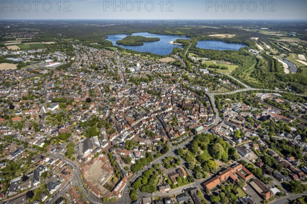 Aerial view, town view and old town, Haltern town hall, Halterner See, Haltern am See, Münsterland, Ruhr area, North Rhine-Westphalia, Germany, old town, place of worship, authority, city, DE, Europe, religious community, place of worship, city centre, church, denomination, aerial view, aerial photography, aerial photography, local view, rectory, town hall, religion, St. Sixtus Church, townscape, city area, city administration, overview, bird's eye view, bird's eye view, overview