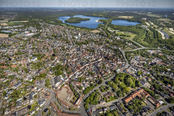 Aerial view, town view and old town, Haltern town hall, Halterner See, Haltern am See, Münsterland, Ruhr area, North Rhine-Westphalia, Germany, old town, place of worship, authority, city, DE, Europe, religious community, place of worship, city centre, church, denomination, aerial view, aerial photography, aerial photography, local view, rectory, town hall, religion, St. Sixtus Church, townscape, city area, city administration, overview, bird's eye view, bird's eye view, overview