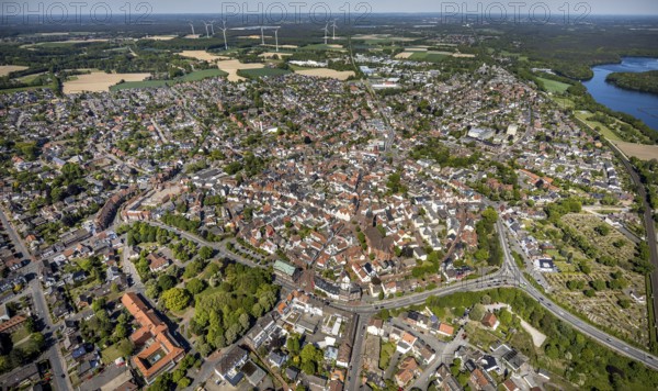 Aerial view, town view and old town, Haltern town hall, wind turbines, Haltern am See, Münsterland, Ruhr area, North Rhine-Westphalia, Germany, place of worship, authority, DE, Europe, religious community, place of worship, church, parish, denomination, aerial view, aerial photography, aerial photography, town hall, religion, St. Sixtus Church, city administration, overview, bird's eye view, wind turbine, wind energy plant, wind power, wind turbine, wind turbines, bird's eye view, overview