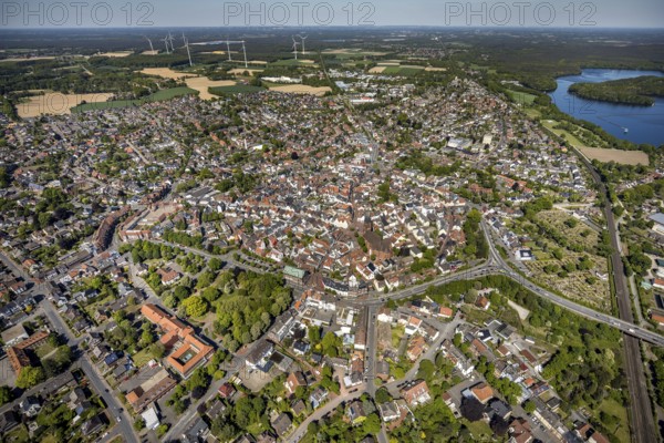 Aerial view, town view and old town, Haltern town hall, wind turbines, Haltern am See, Münsterland, Ruhr area, North Rhine-Westphalia, Germany, place of worship, authority, DE, Europe, religious community, place of worship, church, parish, denomination, aerial view, aerial photography, aerial photography, town hall, religion, St. Sixtus Church, city administration, overview, bird's eye view, wind turbine, wind energy plant, wind power, wind turbine, wind turbines, bird's eye view, overview
