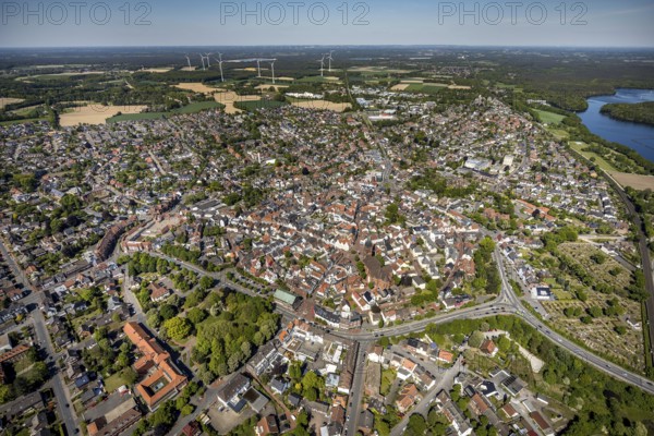 Aerial view, town view and old town, Haltern town hall, wind turbines, Haltern am See, Münsterland, Ruhr area, North Rhine-Westphalia, Germany, place of worship, authority, DE, Europe, religious community, place of worship, church, parish, denomination, aerial view, aerial photography, aerial photography, town hall, religion, St. Sixtus Church, city administration, overview, bird's eye view, wind turbine, wind energy plant, wind power, wind turbine, wind turbines, bird's eye view, overview