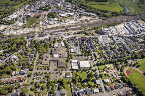 Aerial view, track reconstruction construction site Haltern station, Joseph-König-Gymnasium, Haltern am See, Münsterland, Ruhr area, North Rhine-Westphalia, Germany, Alexander-Lebenstein-Realschule, railway tracks, station, construction work, construction area, construction site, construction measure, construction project, construction site, education, educational institution, Christa-Hartmann-Halle, DE, Deutsche Bahn AG, through station, reception building, Europe, grammar school, main station, teaching institute, aerial view, aerial photography, aerial photography, school, overview, bird's-eye view, overview