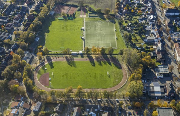 Aerial view, ETuS-Sportplatz an der Conzeallee, Haltern-Stadt, Haltern am See, Ruhr area, North Rhine-Westphalia, Germany, Conzeallee, DE, Europe, football pitch, football stadium, football club, athletics stadium, aerial view, aerial photography, aerial photography, sports, sports facilities, sports field, sports facility, overview, bird's-eye view, overview, autumn, autumn leaves, golden October, autumnal