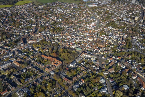Aerial view, Old Town, Haltern Town Hall, St. Sixtus Church, historical buildings, Kardinal-von-Galen-Park, Siebenteufelsturm, Haltern am See, Ruhr area, North Rhine-Westphalia, Germany, Altstadtring, place of worship, authority, City, DE, Dr.-Conrads-Straße, ice rink, Europe, religious community, place of worship, property tax, holy place, real estate, city centre, church, parish, denomination, aerial view, aerial photography, aerial view, park, Haltern police station, town hall, religion, religious site, townscape, city area, city administration, city centre, tower, overview, bird's-eye view, Wall streets, residential area, living and life, residential area, residential buildings, quality of life, birds-eyes view, historic old town, historic landmark, overview, autumn, autumn leaves, golden October, autumnal