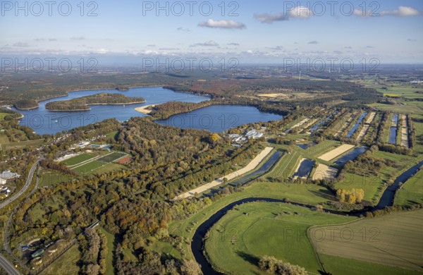 Aerial view, GELSENWASSER AG Haltern waterworks, filter basin, Haltern reservoir, Lippe river, Wesel-Datteln canal, Haltern am See, Münsterland, Ruhr area, North Rhine-Westphalia, Germany, DE, Europe, distant view, river, industrial area, commercial area, commercial use, autumn colours, industrial plants, industrial area, industrial site, canal, aerial view, aerial photography, aerial photography, lake, reservoir, overview, bird's-eye view, water treatment plant, water purification plant, waterworks road, meadows and fields, birds-eyes view, overview, autumn, autumn leaves, golden October, autumnal