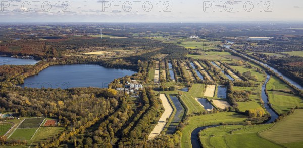 Aerial view, GELSENWASSER AG Haltern waterworks, filter basin, Haltern reservoir, Lippe river, Wesel-Datteln canal, Haltern am See, Münsterland, Ruhr area, North Rhine-Westphalia, Germany, DE, Europe, distant view, river, industrial area, commercial area, commercial use, autumn colours, industrial plants, industrial area, industrial site, canal, aerial view, aerial photography, aerial photography, lake, reservoir, overview, bird's-eye view, water treatment plant, water purification plant, waterworks road, meadows and fields, birds-eyes view, overview, autumn, autumn leaves, golden October, autumnal