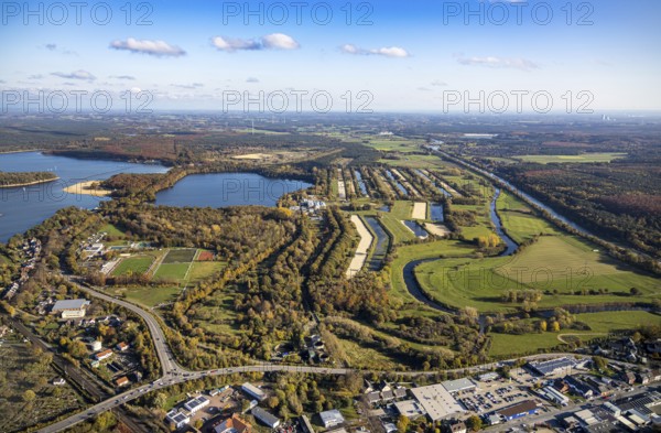 Aerial view, GELSENWASSER AG Haltern waterworks, filter basin, Haltern reservoir, Lippe river, Wesel-Datteln canal, Haltern am See, Münsterland, Ruhr area, North Rhine-Westphalia, Germany, DE, Europe, distant view, river, industrial area, commercial area, commercial use, autumn colours, industrial plants, industrial area, industrial site, canal, aerial view, aerial photography, aerial photography, lake, reservoir, overview, bird's-eye view, water treatment plant, water purification plant, waterworks road, meadows and fields, birds-eyes view, overview, autumn, autumn leaves, golden October, autumnal
