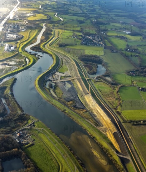 Aerial view of the Lippe floodplain and river Lippe with Lippe dike renewal and dike extension in the district of Lippramsdorf in Haltern am See in the Ruhr area in North Rhine-Westphalia, Germany