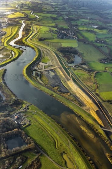 Aerial view of the Lippe floodplain and river Lippe with Lippe dike renewal and dike extension in the district of Lippramsdorf in Haltern am See in the Ruhr area in North Rhine-Westphalia, Germany