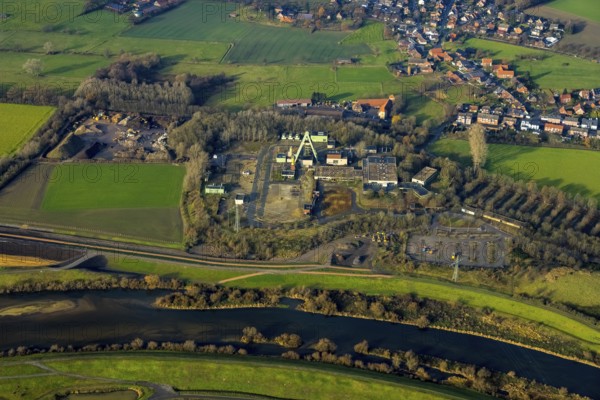 Aerial view of the former Auguste Victoria Shaft 8 mine in Lippramsdorfer Straße with the River Lippe and Lippe floodplain in the Lippramsdorf district of Haltern am See in the Ruhr area in North Rhine-Westphalia, Germany