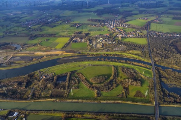 Aerial view of the former Auguste Victoria Shaft 8 mine in Lippramsdorfer Straße with the River Lippe and Lippe floodplain with dyke renewal and dyke extension in the Lippramsdorf district of Haltern am See in the Ruhr area in North Rhine-Westphalia, Germany