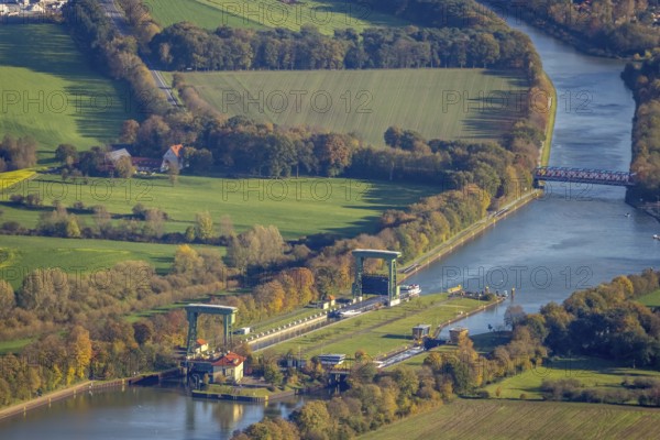 Aerial view, Flaesheim lock, Wesel-Datteln Canal, Flaesheim, Haltern am See, Ruhr area, North Rhine-Westphalia, Germany