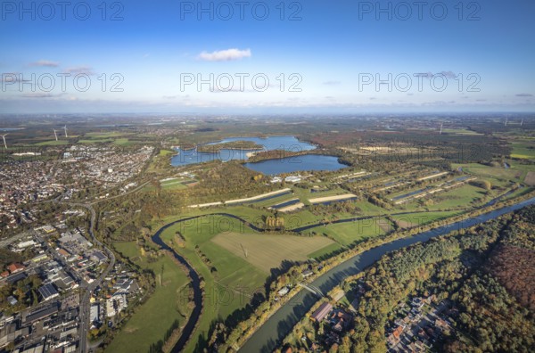 Aerial photo, GELSENWASSER AG Haltern waterworks, filter basin, Haltern reservoir, Lippe river, Wesel-Datteln canal, Haltern am See, Münsterland, Ruhr area, North Rhine-Westphalia, Germany