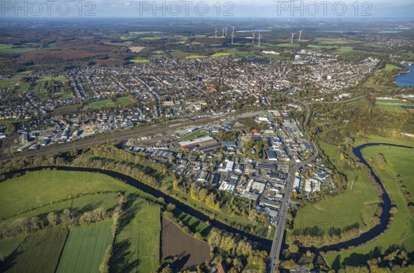 Aerial view, industrial estate south Recklinghäuser Straße, river Lippe, Lippebogen, Haltern-Stadt, Haltern am See, Ruhr area, North Rhine-Westphalia, Germany