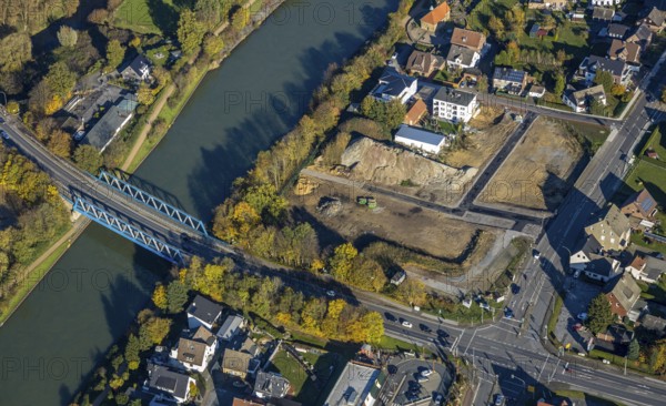 Aerial view, Wesel-Datteln Canal, Recklinghäuser Straße, canal bridge, Flaesheimer Straße construction site, Bossendorf, Haltern am See, Ruhr area, North Rhine-Westphalia, Germany