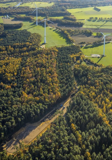 Aerial view, forest area, planned wind turbines, Bergbossendorf, Haltern am See, Ruhr area, North Rhine-Westphalia, Germany